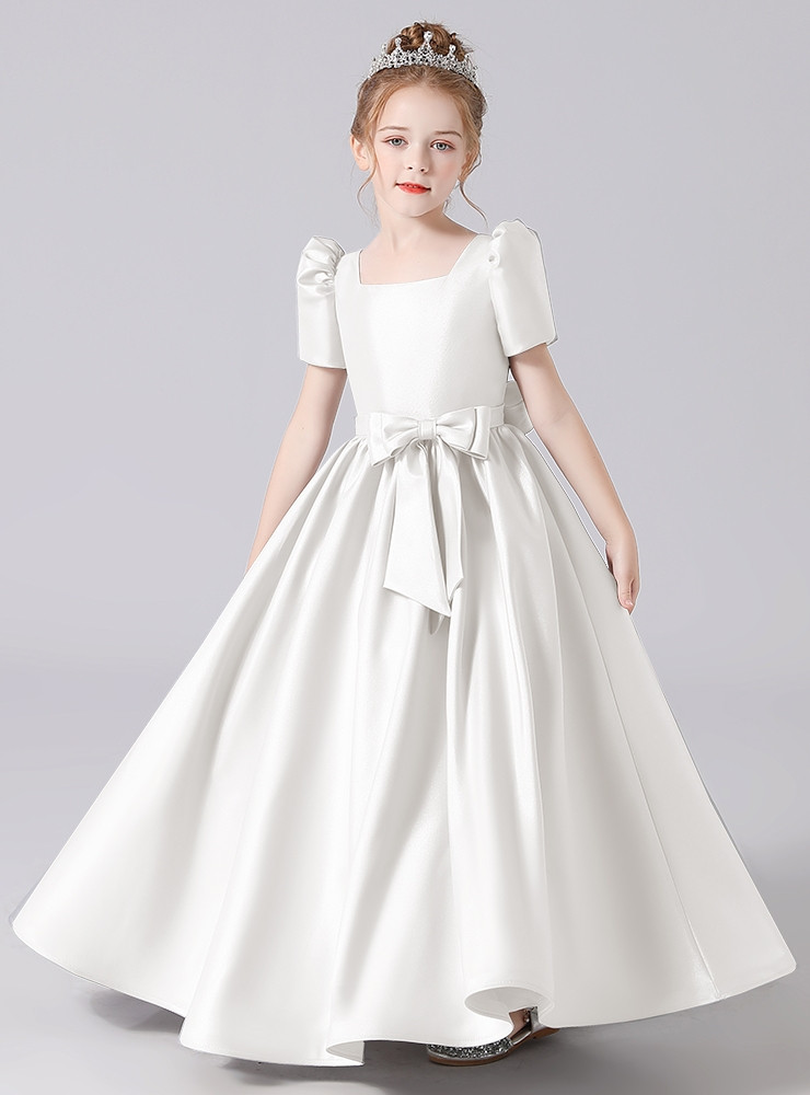 Satin and Tulle Puff Sleeve Flower Girl Dress - Audrey