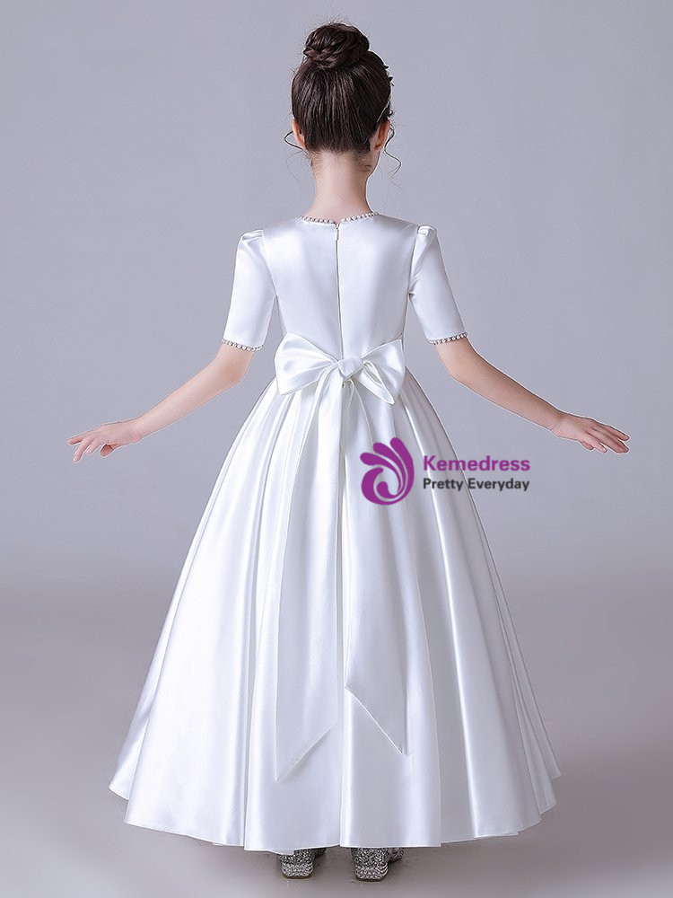 Empire Satin Short Sleeves Off-the-shoulder Floor-Length Flower Girl Dresses