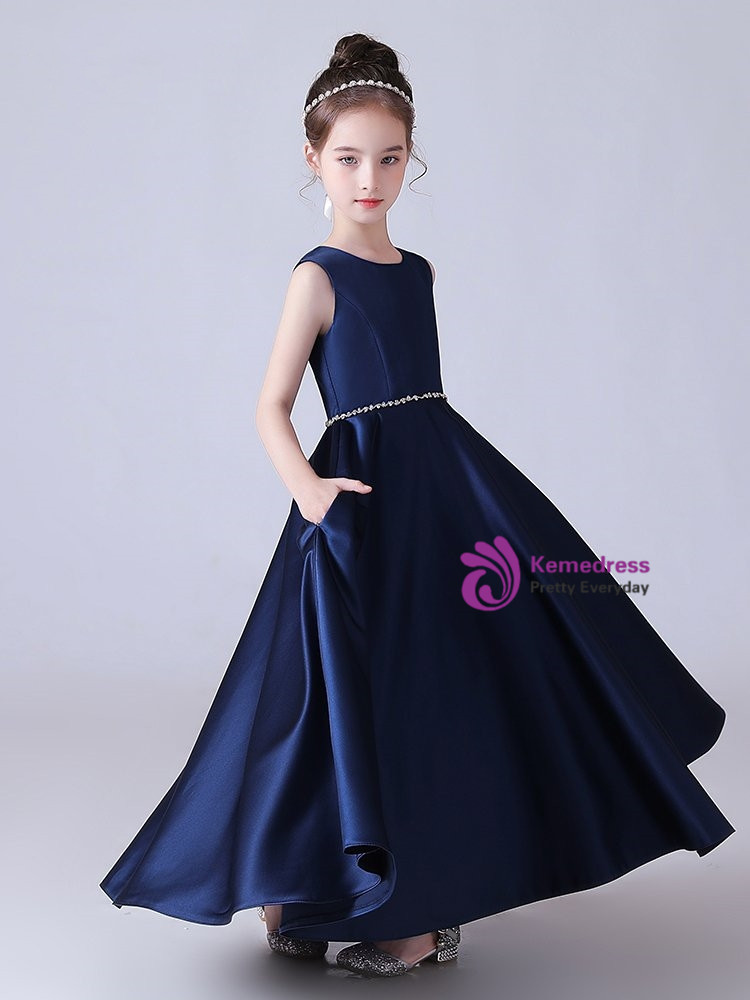 Navy Blue Satin V Neck Wedding Party Flower Girl Dress, Feather