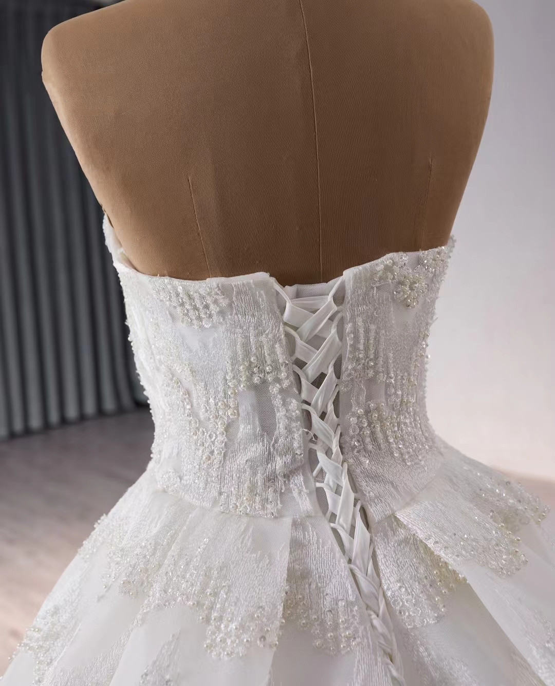 V-Neck Short Sleeve Beaded Pearl Ball Gown Wedding Dress with Lace-Up Back