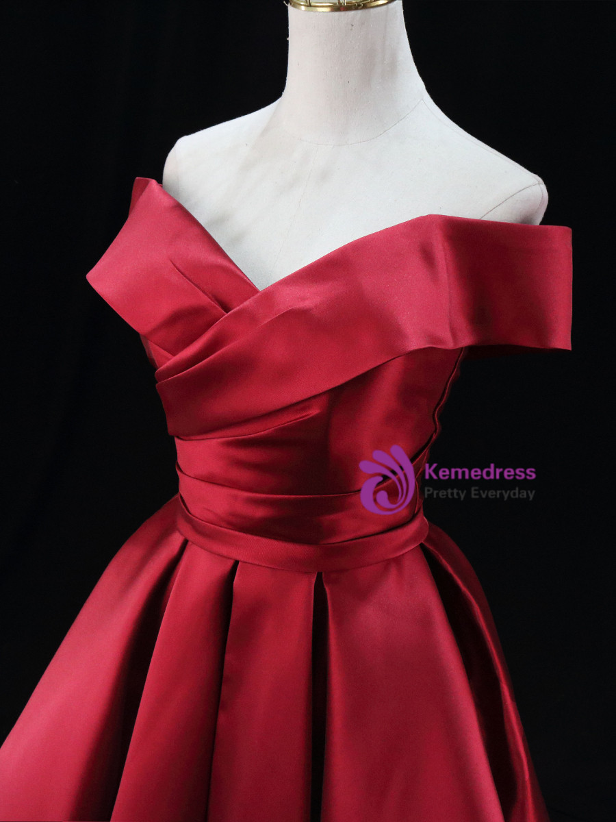 One Shoulder Stretch Satin Pleated Long Dress Burgundy
