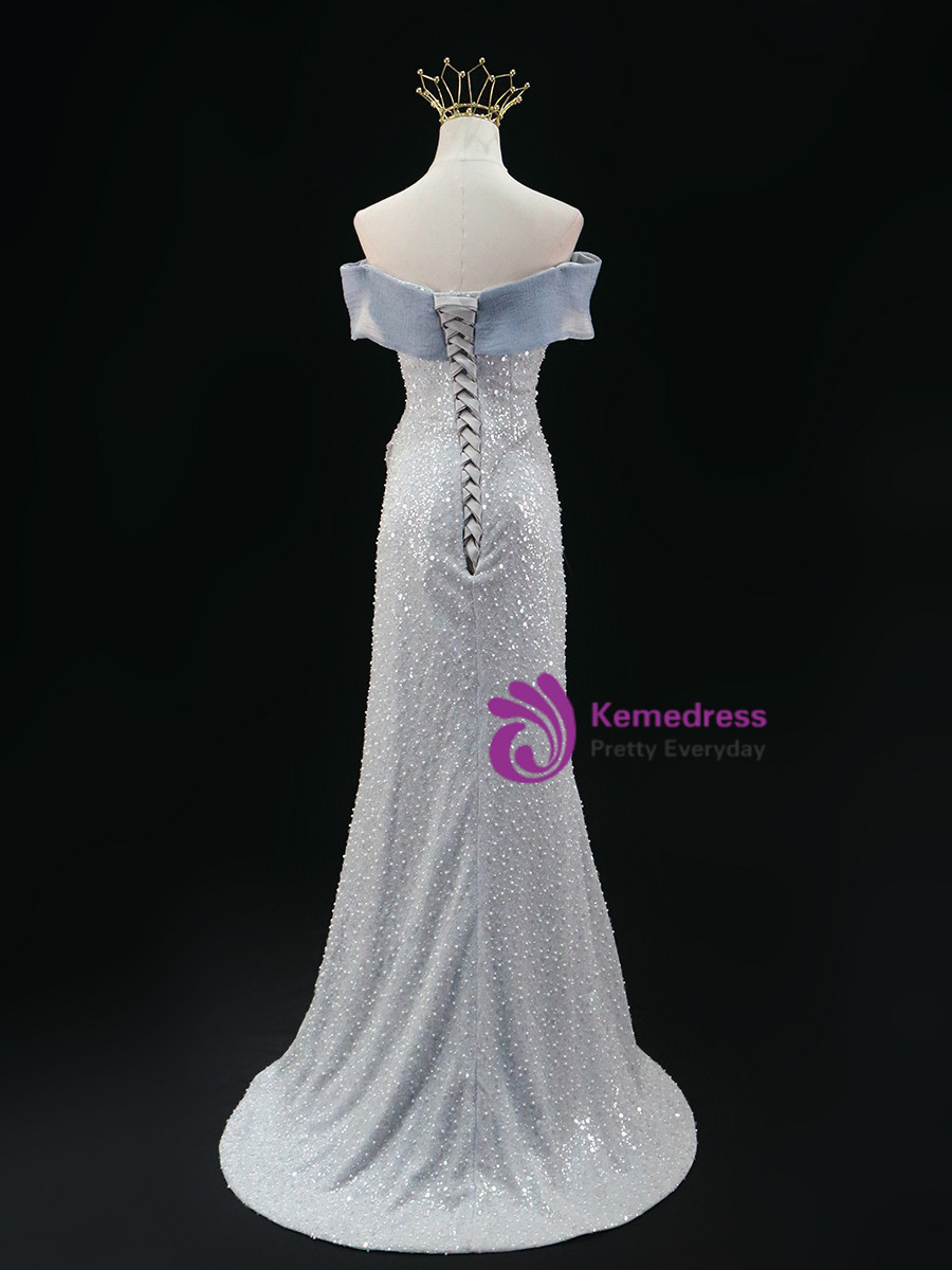 Off-The-Shoulder Asymmetrical Length Mermaid Prom Dress Steel Grey main image 0