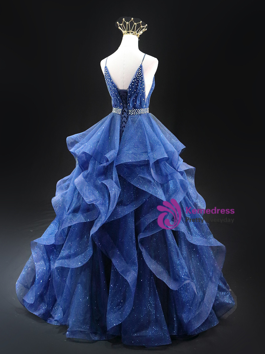 Tulle Pleated Bodice Spaghetti Straps Dresses Slate Blue