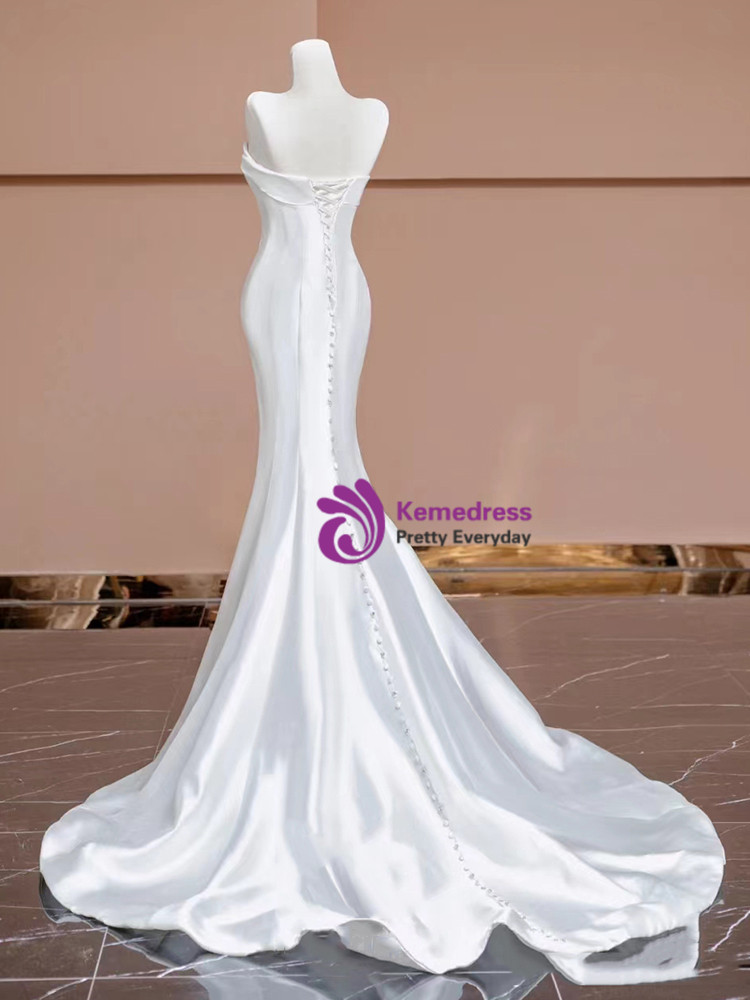 Fairytale Mermaid Straps White Long Satin Wedding Dresses