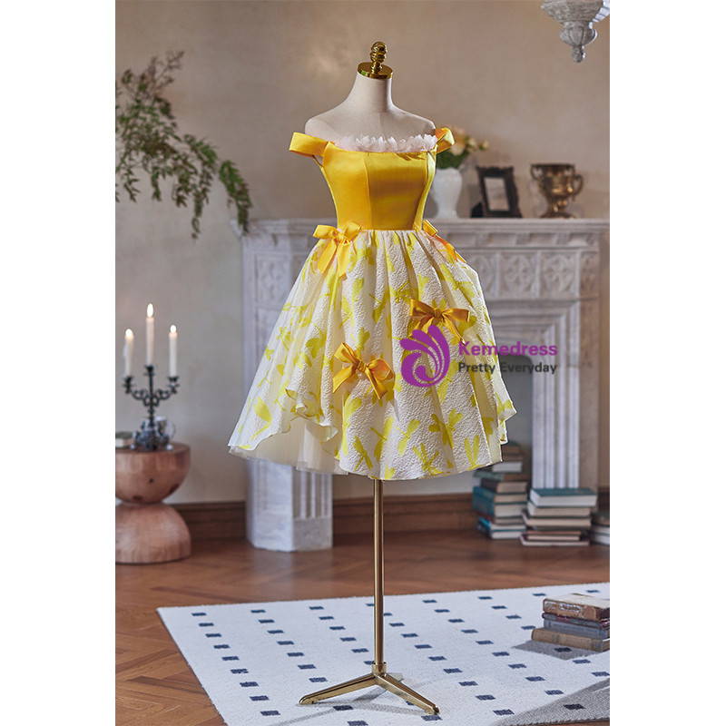 Off the Shoulder Short Yellow Homecoming Dresses LBQH0057 main image 1