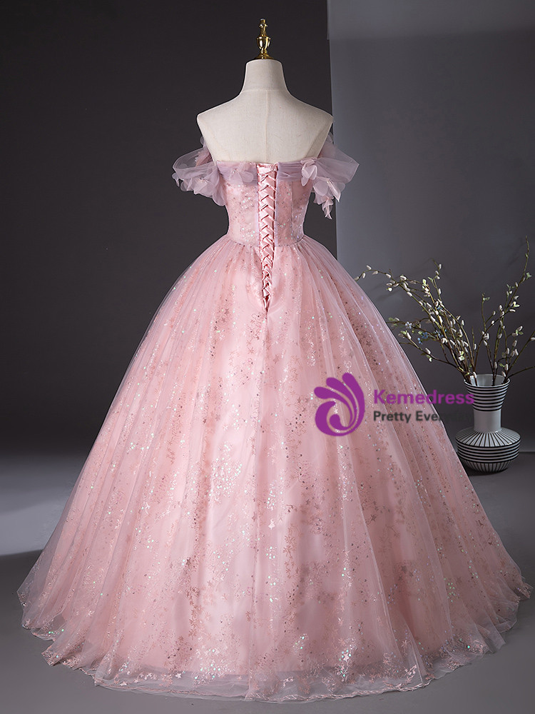 Off Shoulder Sleeveless 3D Flowers Appliques Bow Knot Pink Sweet 15 Quinceañera Dress WQ1820