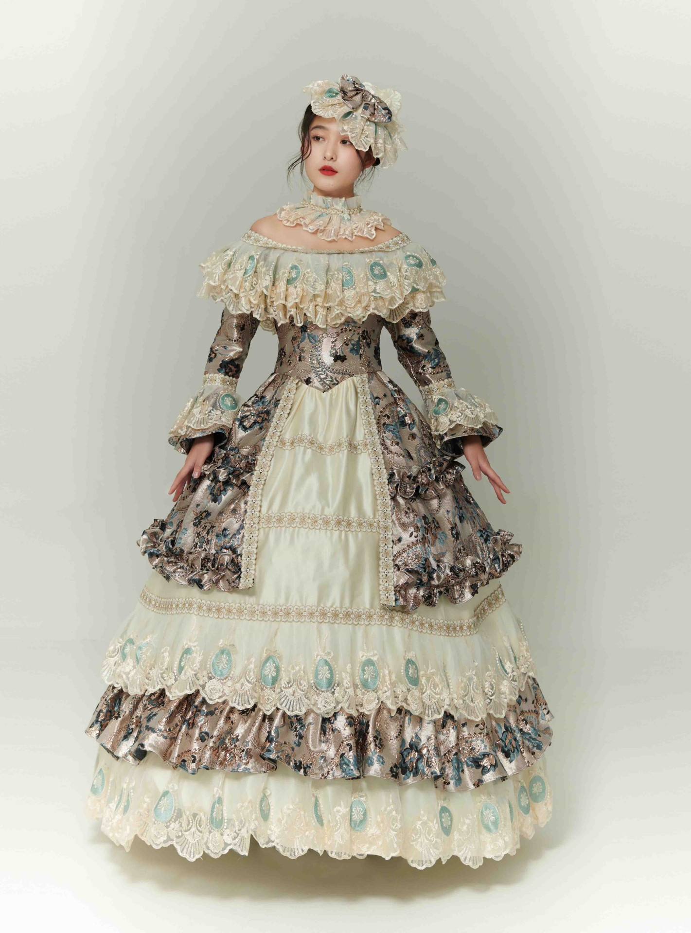 Ball Gown Pink Long Sleeve Print Lace Rococo Vintage Dress