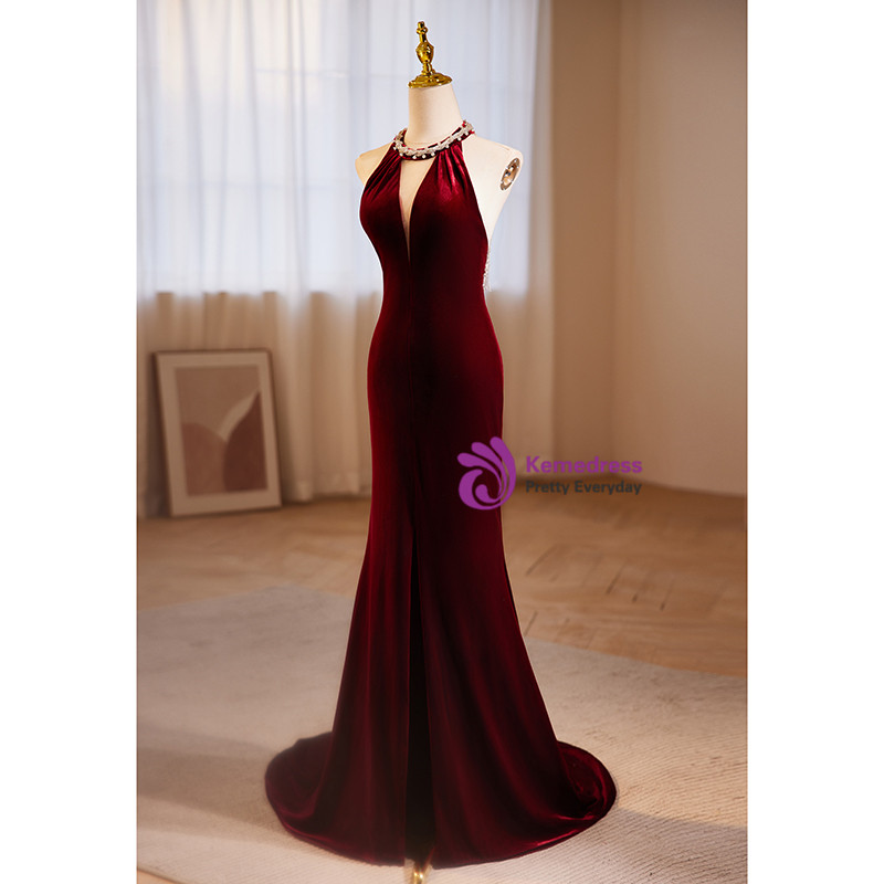 Charming Burgundy Halter Sleeveless Long Plus Size Prom Dress main image 1