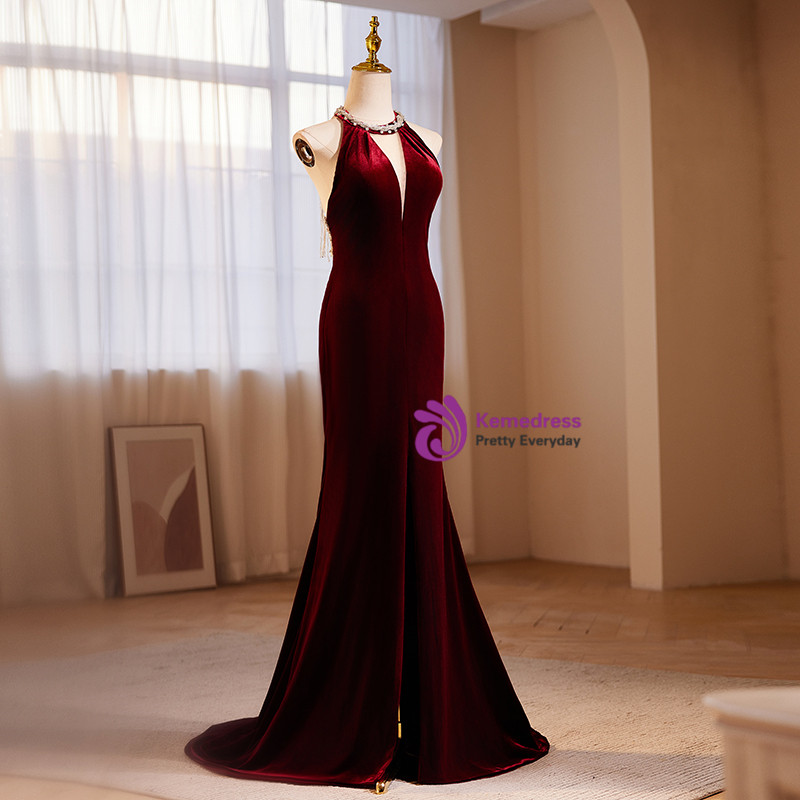Burgundy Halter Neck Draped Backless Gown With Gold Buckle Detail