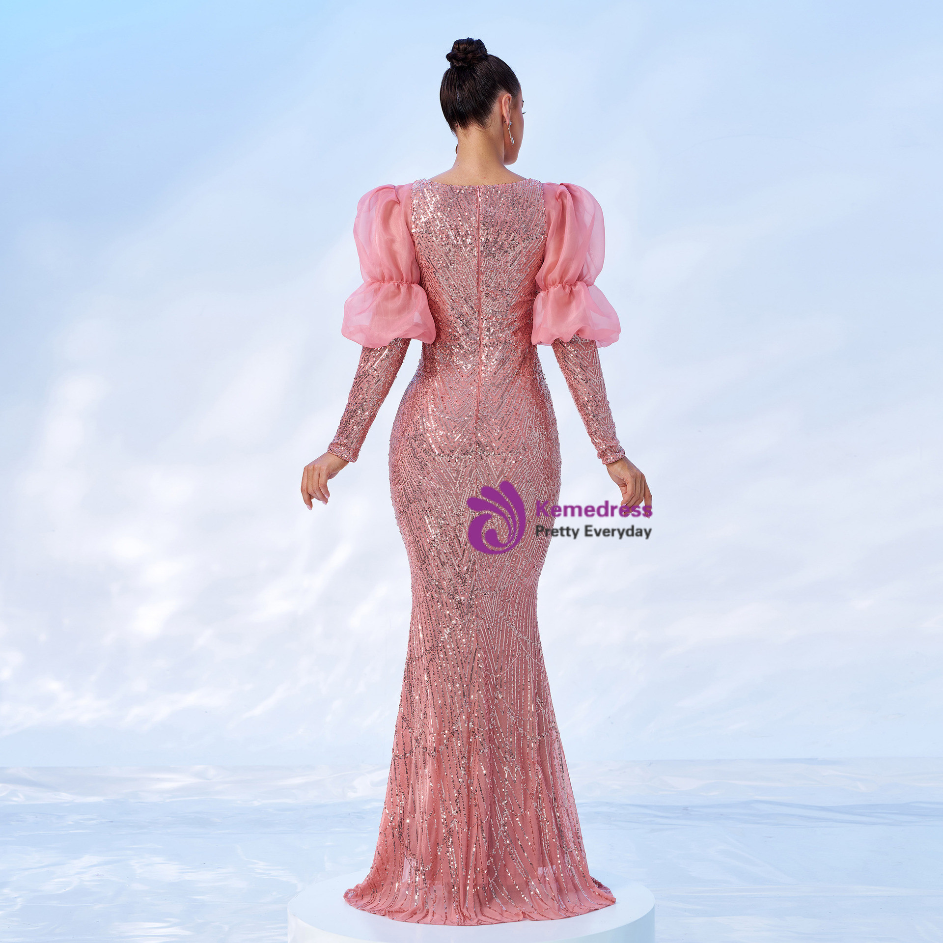 Two Piece Sequins Strapless Pink Party Dress