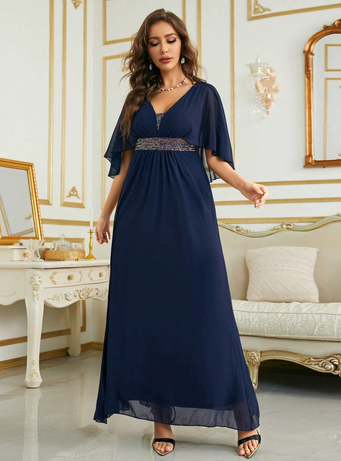 Simple V-neck Beaded Chiffon Dress Ocean Blue main image 1