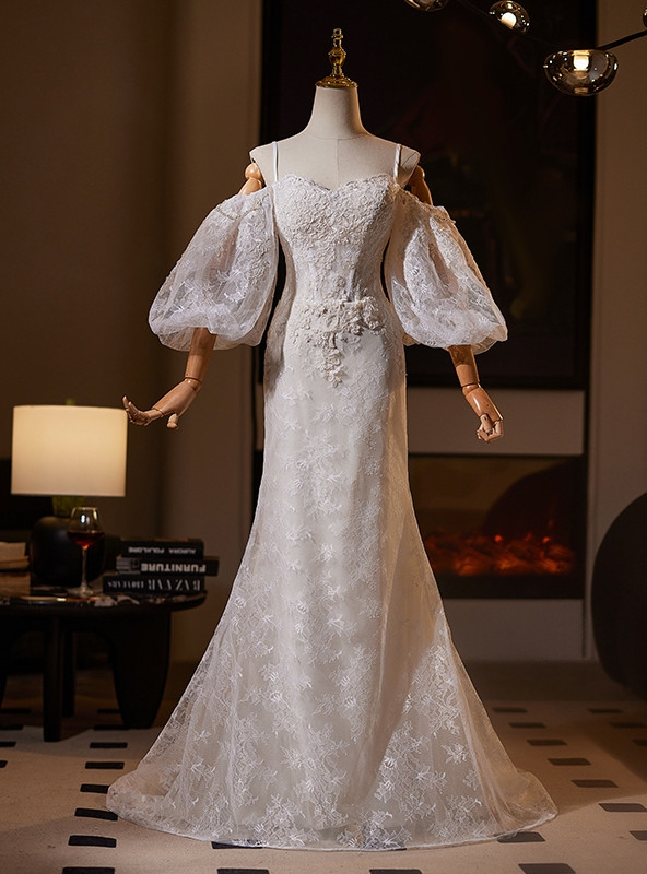 Charming White A-line Puff Sleeves Prom Dress,White Fairy Dress Y6415 main image 1