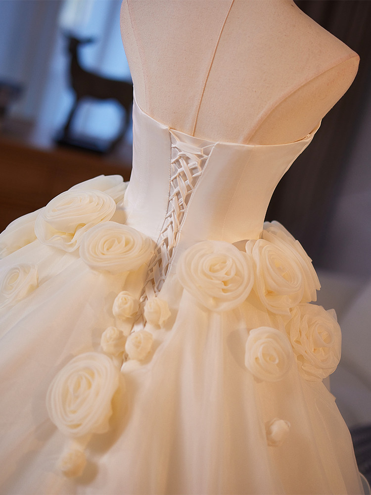 Ivory Floral Lace Bridal Gown//3D Flowers Bridal Dress