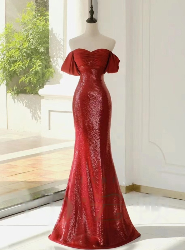 Mermaid Appliqued Slit Off-The-Shoulder Prom Dress Burgundy