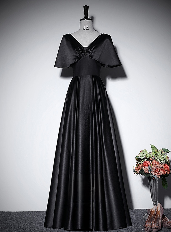 Simple A Line V Neck Black Satin Long Evening Prom Dress, Black Formal Dress, Evening Dress 2019