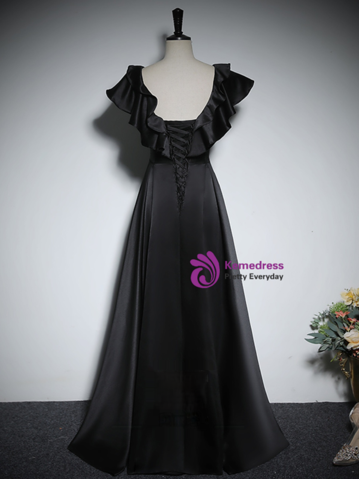 Simple A Line V Neck Black Satin Long Evening Prom Dress, Black Formal Dress, Evening Dress 2019 main image 1