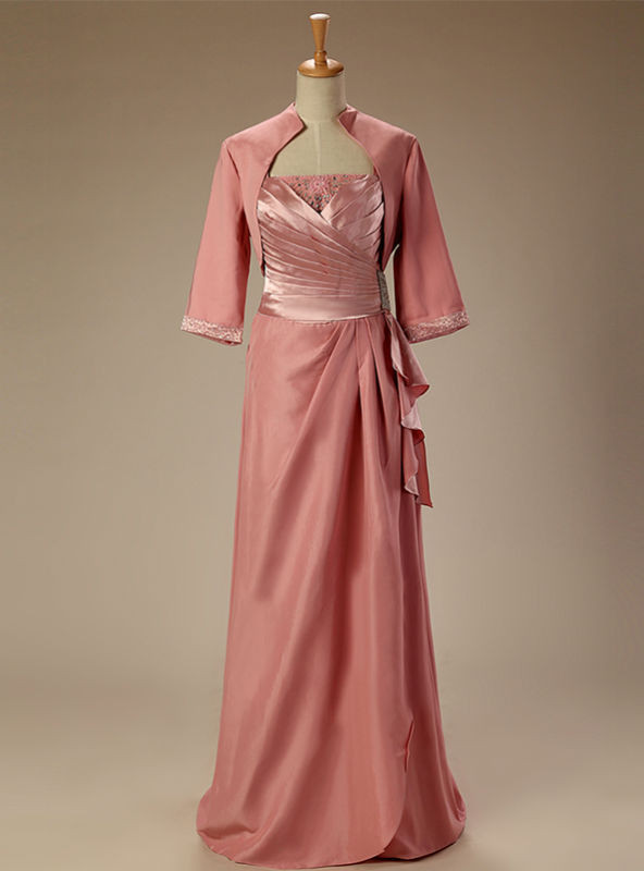 A Line Long Sleeve Floor Length Beaded Mother of the Bride Dresses with Belt