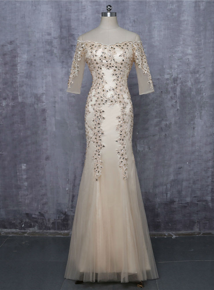 Long Beaded Boat Neck Mermaid Sparkly Pink Mother of the Bride Dress with Bows