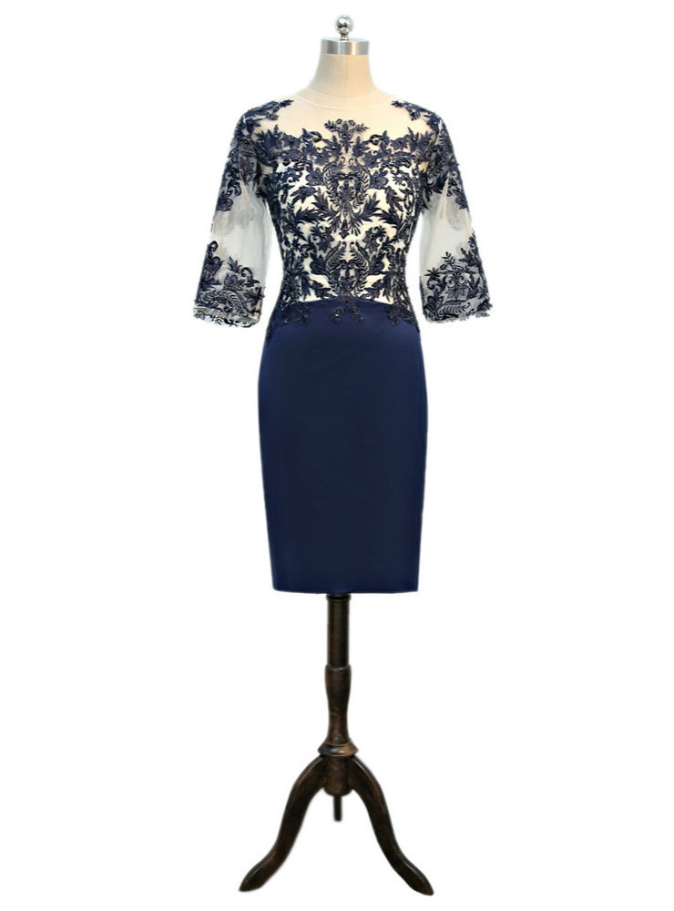 Sheer Neck Navy Blue A-Line Mother Of The Bride Dress main image 1