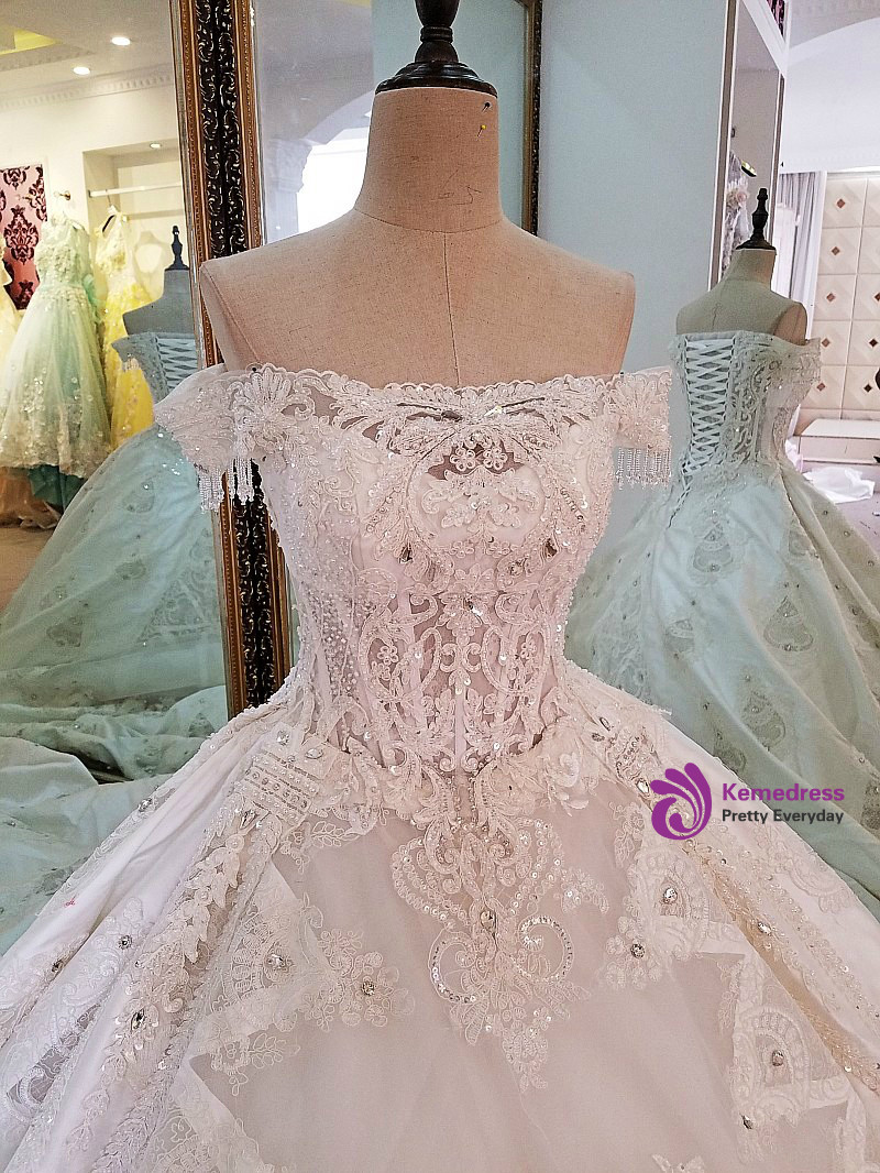 New Arrival Off Shoulder Ball Gown Wedding Dress with Beading Pearls Lace Up Back main image 1