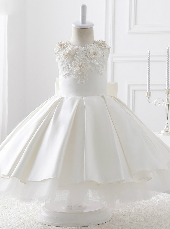 Elegant A-line Satin V-Back Bow Knee-length Flower Girl Dress