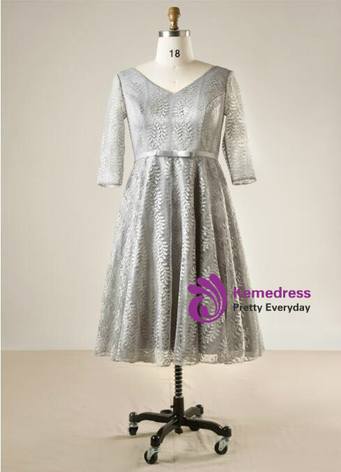 Plus Size Gray Lace Short Sleeve Tea Length Prom Dress