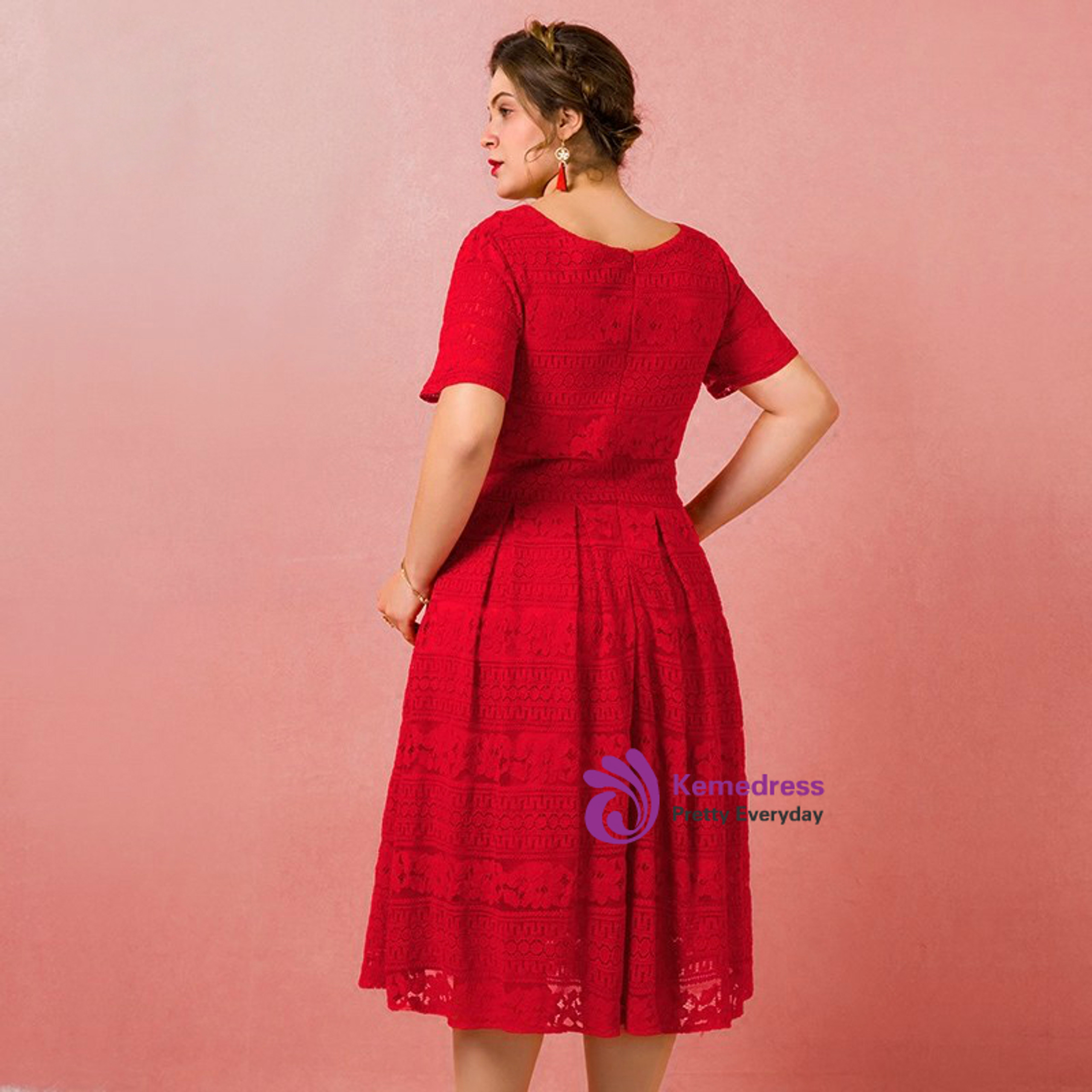 Plus Size Tea Length Red Lace Short Sleeve Prom Dress 8726