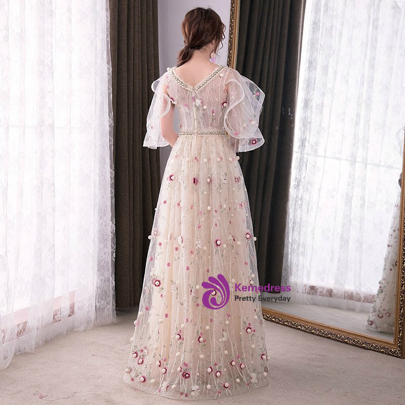 Yellow Tulle A Line Spagehtti Straps V Neck Lace Appliques Prom Dresses, PL749