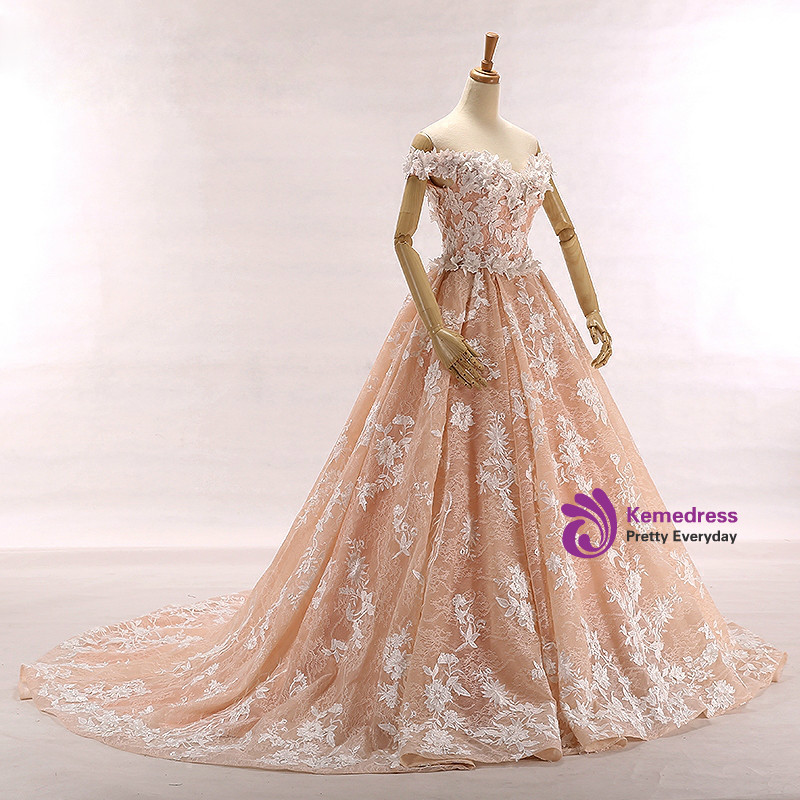 Fashion Pink Off The Shoulder Appliques Tulle Wedding Dress