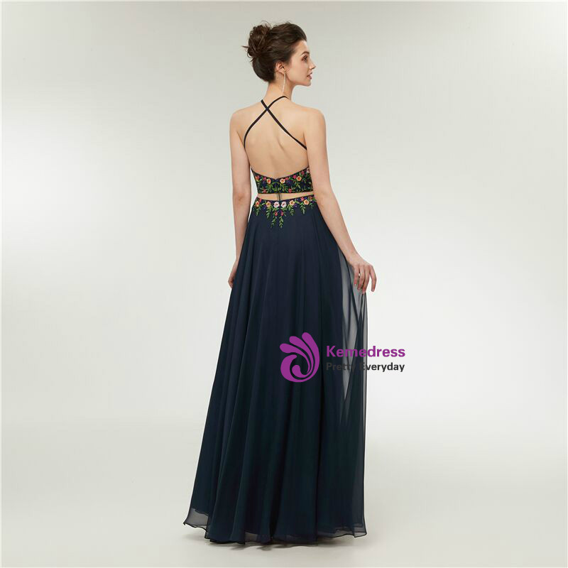 Sexy Halter Blue Chiffon Backless Evening Dress Long Prom Dress cc2197