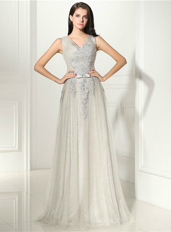 Elegant V Neck Tulle Sequins Appliques Prom Dress,Blue Party Dress Evening Dress cc2789