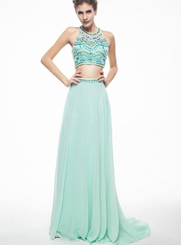 Sky Blue Halter Backless Chiffon Prom Dresses LBQ0215 main image 1
