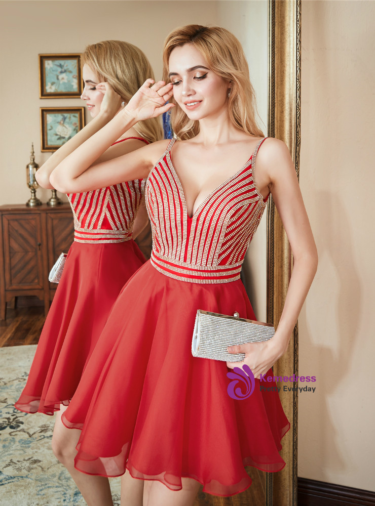 Red Chiffon Spaghetti Straps Ruffled Ankle Length Custom Dress main image 0