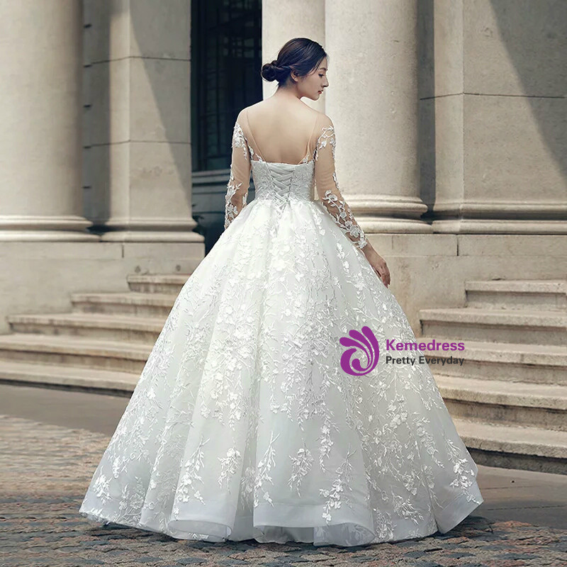 White Ball Gown Tulle Long Sleeve Appliques Backless Wedding Dress main image 1