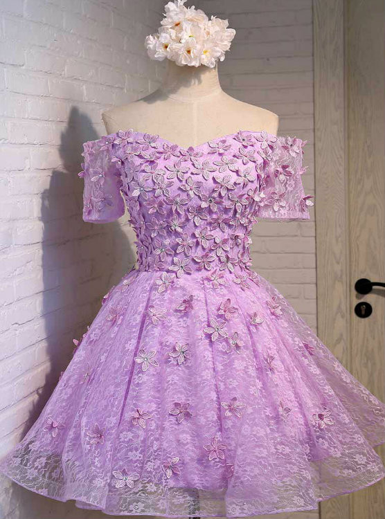 Purple V Neck Tulle Lace Short Homecoming Dress, Lace Cocktail Dress