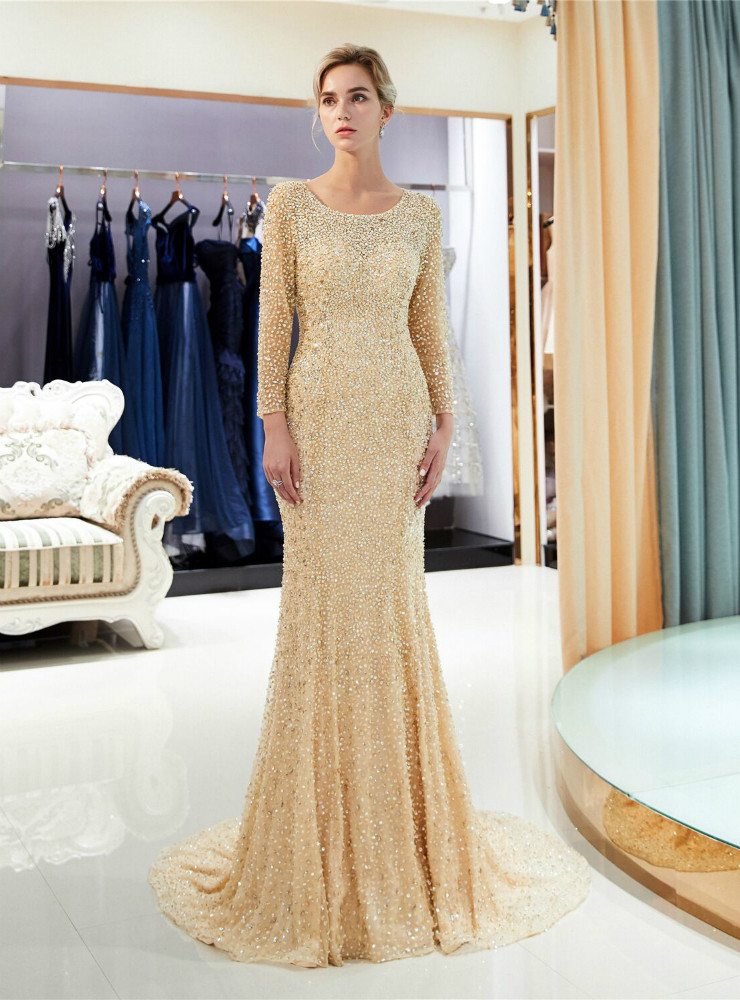 Elegant Sheath Backless Gold Sequin Long Prom Dresses C1642