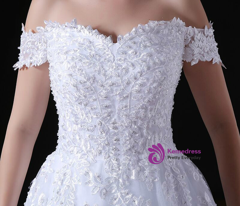 White Lace Appliques Ball Gown Wedding Dresses Off The Shoulder Short Sleeves Bridal Dresses