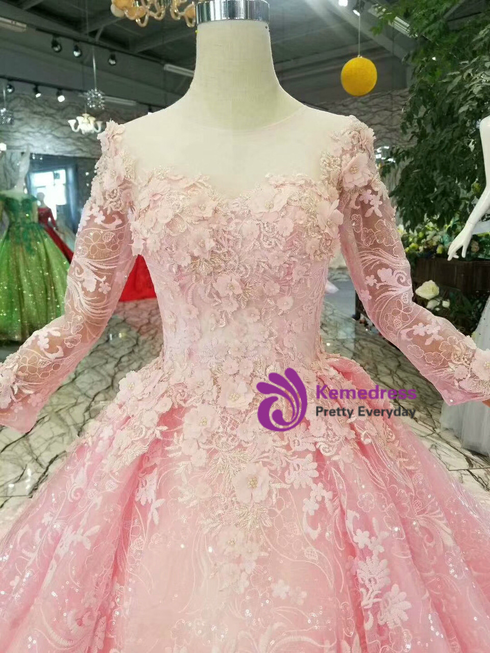 Pink Lace Appliques Long Sleeve Scoop Neck Wedding Dress With Beading
