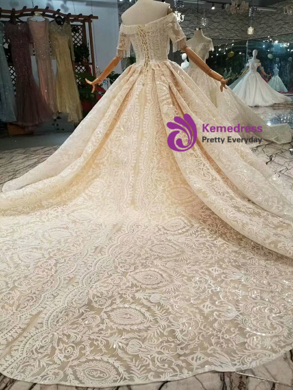 Off-the-shoulder lace applique Sheath Wedding Dress Champagne