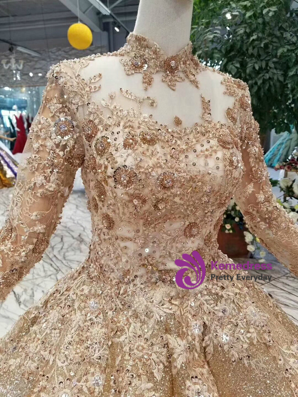 Gold Ball Gown Sequins Appliques High Neck Long Sleeve Wedding Dress