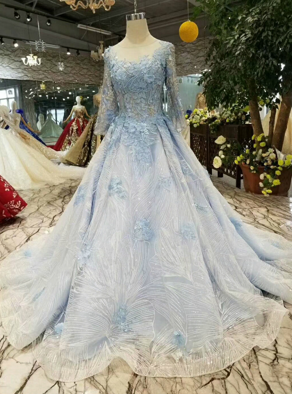 Charming Blue Tulle Sequin Appliques Princess Bridal Dress Long Wedding Dress SP1521