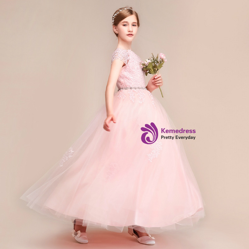 Cap Sleeves Pink Lace Flower Girl Dress with Pearls main image 1