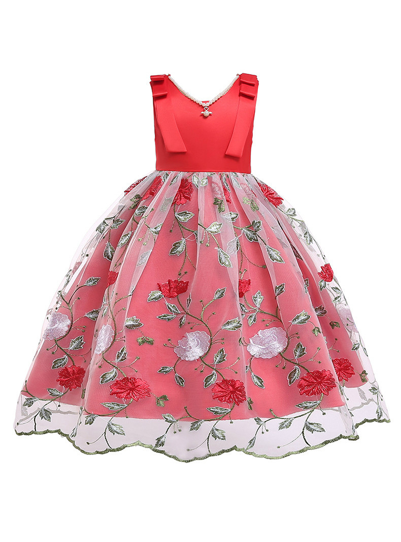 Red Embroidered Flower Girl Dress with Bow and Floral Appliqué