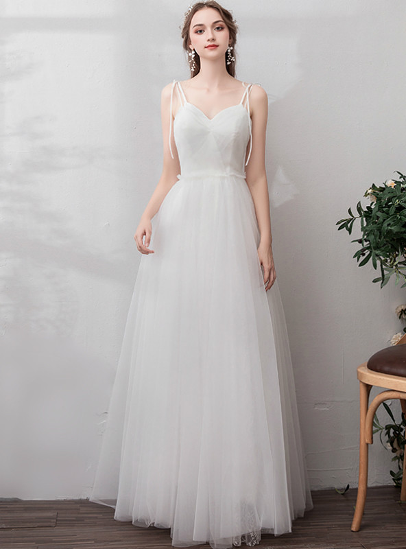 White A-Line Tulle Wedding Dress with Sequins and Spaghetti Straps Open Back