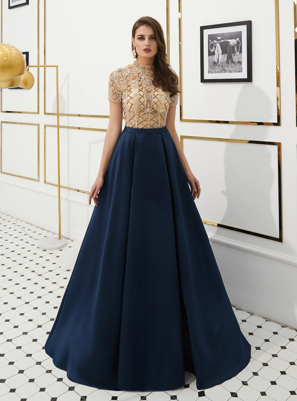 A Line Cap Sleeves Champagne Appliqued Belted Long Gala Dress main image 1