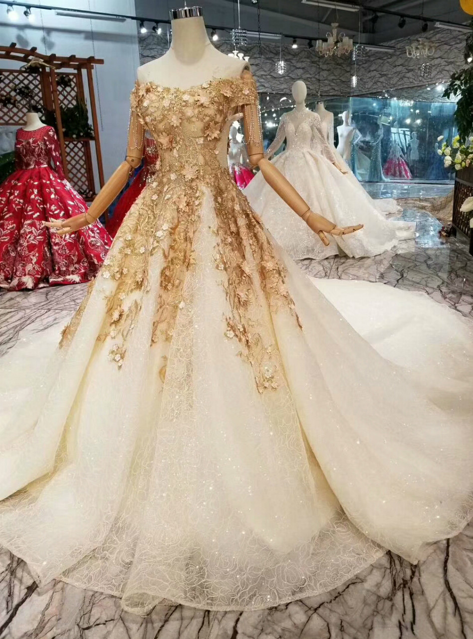 Champagne Ball Gown Satin Off the Shoulder Appliques Wedding Dress main image 1