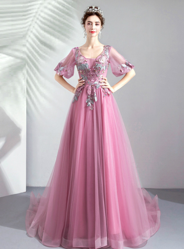 Glamorous Pink High Neck Long Sleeve Appliques Prom Dress