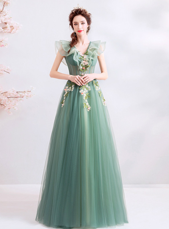 Green Tulle V Neck Beading Appliques Prom Dress