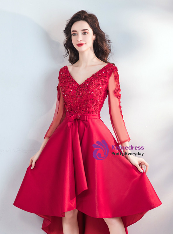 Dark Red Satin V Neck Backless Long Prom Dresses, Sexy Low Back Wedding Party Dress Evening Dress
