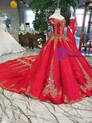 Red Ball Gown Sequins Off the Shoulder Luxury Wedding Dress With Train